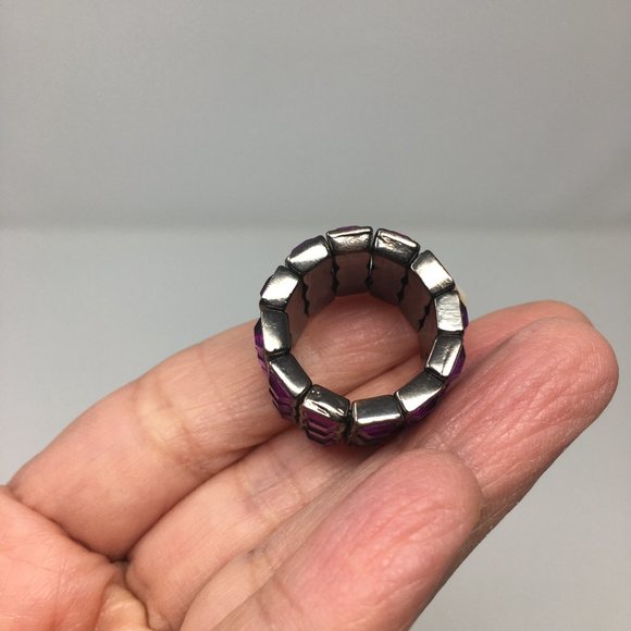 Expandable Purple Faceted Acrylic Tiny Square Pewter Tone Bar Wide Stretch Ring - Picture 12 of 16